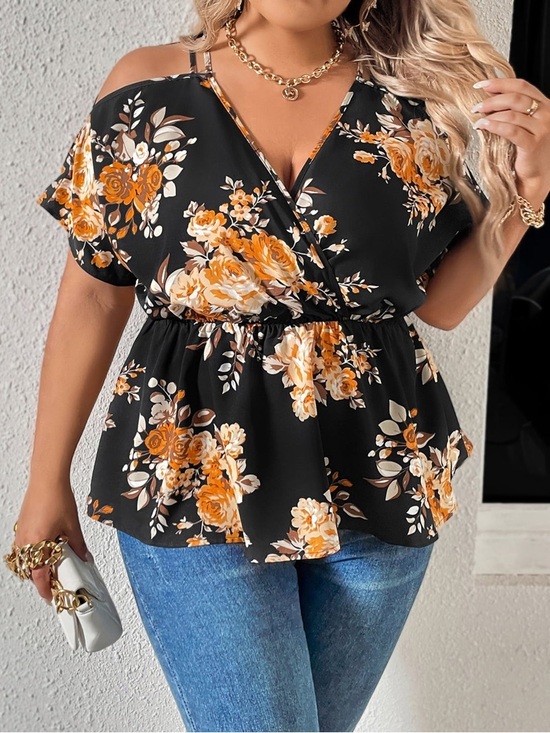 Tops - Floral Cold-Shoulder Peplum Top